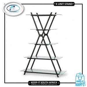 X-design steel display stand with glass shelves