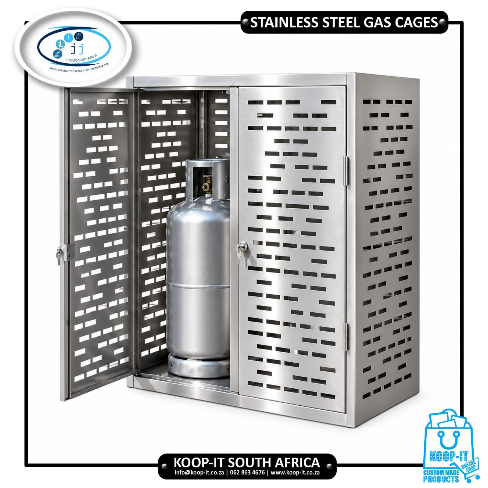 Stainless Steel Gas Cages 2 Stainless Steel Gas Cages | Koop-it - Premium Hand-Crafted Metal Products